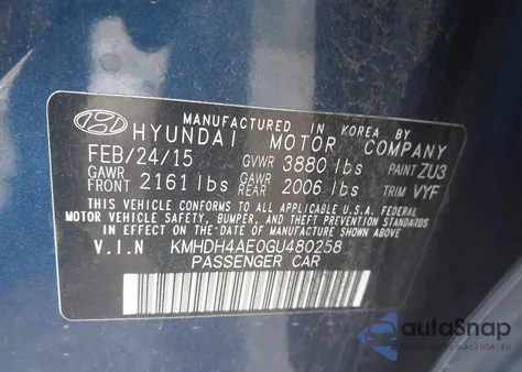 2016 Hyundai Elantra Se from USA, damaged, VIN KMHDH4AE0GU480258